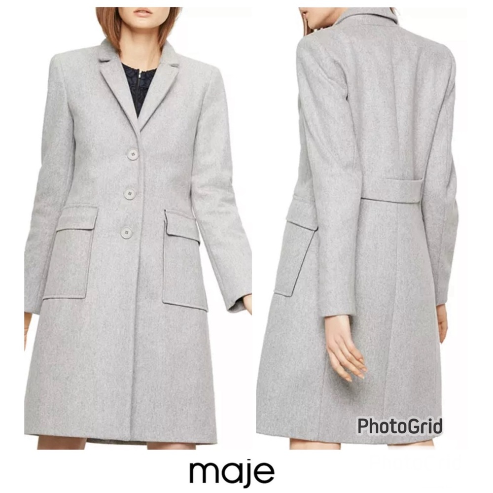 MAJE Grakim Gray Wool Blend Button Down Front Pockets Long Sleeve Pea Coat Sz 36